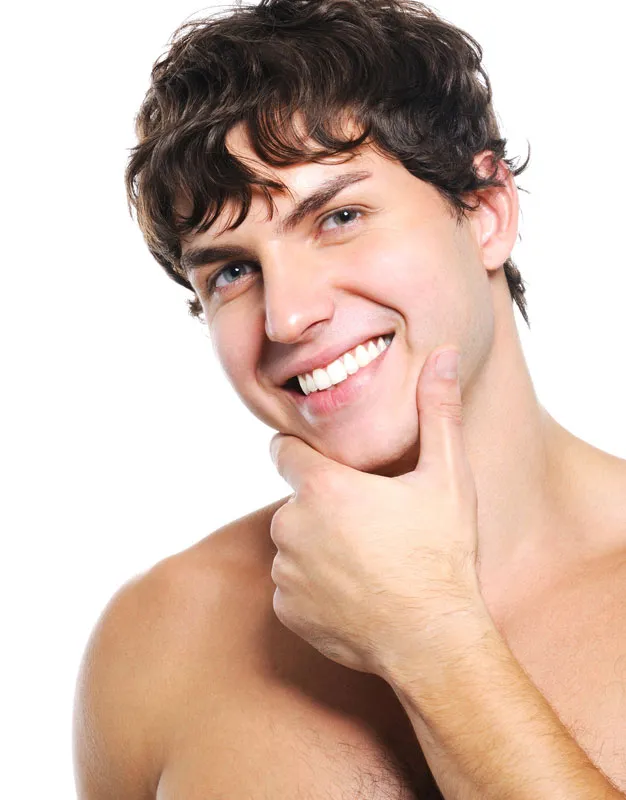 Acne-Treatment Zoomed-in image of clear skin on a smiling man's face, highlighting successful acne treatment by Sandra McDonald, NP in Southwestern Ontario.