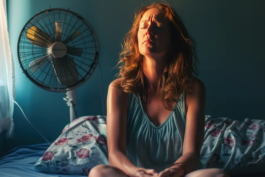 Hot-Flashes-and-Night-Sweats-Clinic A middle-aged red-haired woman sits in bed sweating with a fan behind her, unable to sleep. Get treatment for hot flashes and night sweats from Sandra McDonald, NP in Southwestern Ontario.